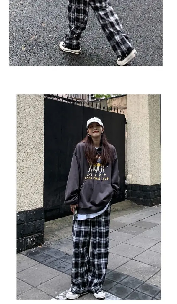 Black and White Plaid pants Oversize New Women Casual Loose Wide Leg Trousers Ins Retro Teen Straight Trousers Hiphop Streetwear