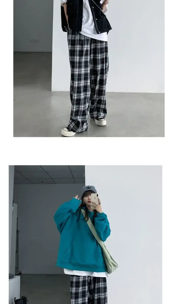 Black and White Plaid pants Oversize New Women Casual Loose Wide Leg Trousers Ins Retro Teen Straight Trousers Hiphop Streetwear