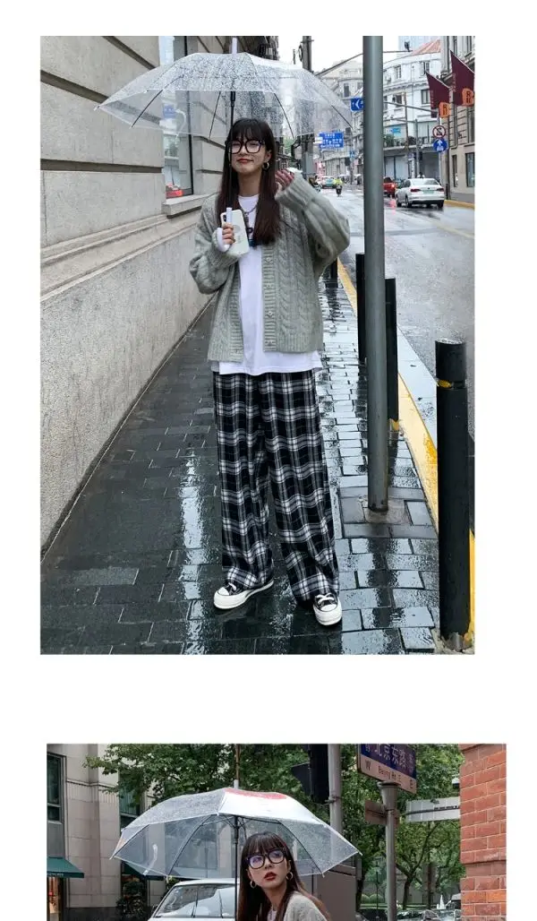 Black and White Plaid pants Oversize New Women Casual Loose Wide Leg Trousers Ins Retro Teen Straight Trousers Hiphop Streetwear