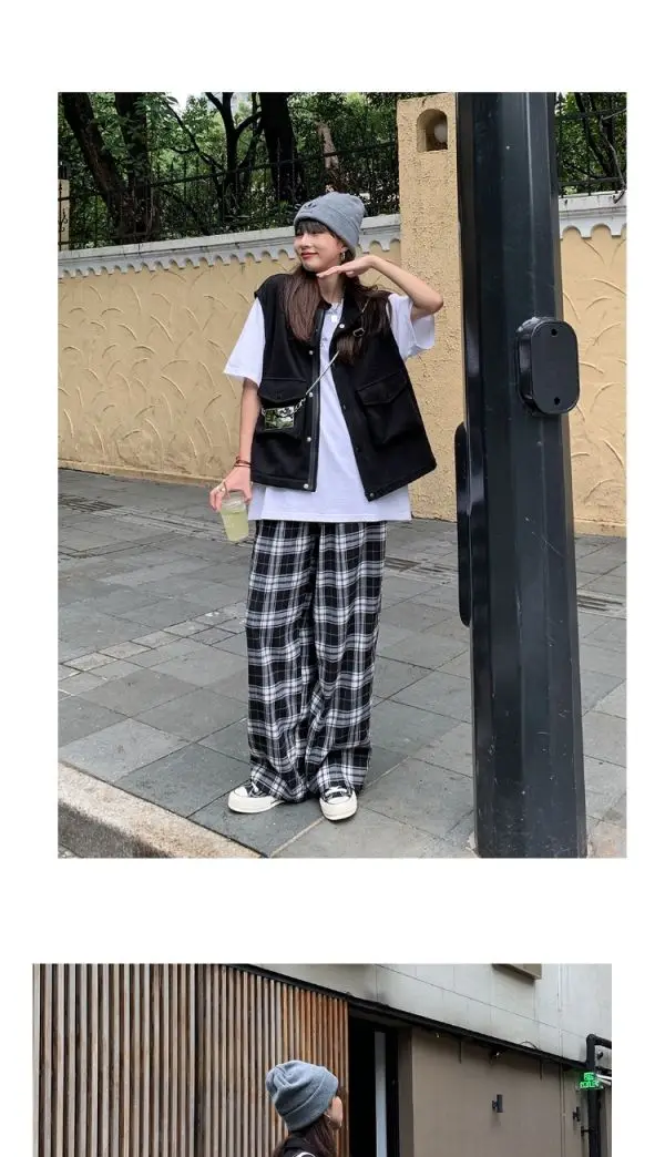 Black and White Plaid pants Oversize New Women Casual Loose Wide Leg Trousers Ins Retro Teen Straight Trousers Hiphop Streetwear