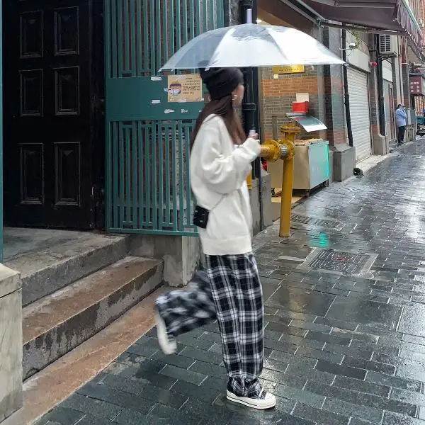 Black and White Plaid pants Oversize New Women Casual Loose Wide Leg Trousers Ins Retro Teen Straight Trousers Hiphop Streetwear