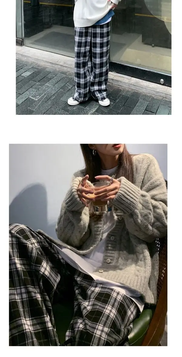 Black and White Plaid pants Oversize New Women Casual Loose Wide Leg Trousers Ins Retro Teen Straight Trousers Hiphop Streetwear