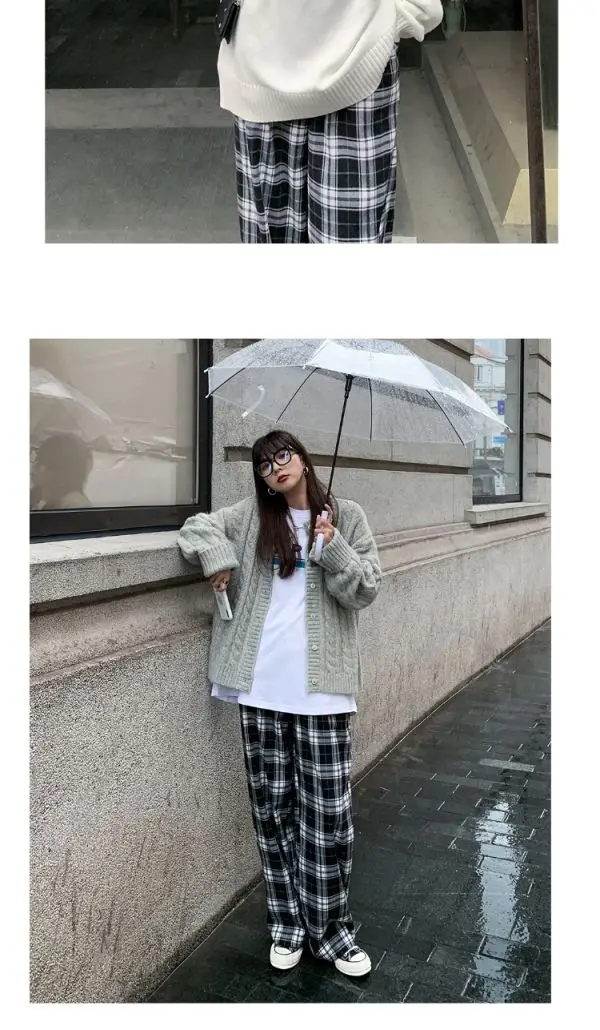 Black and White Plaid pants Oversize New Women Casual Loose Wide Leg Trousers Ins Retro Teen Straight Trousers Hiphop Streetwear