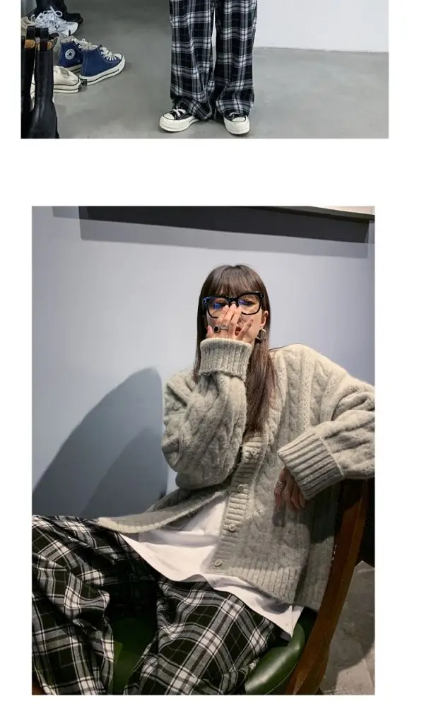 Black and White Plaid pants Oversize New Women Casual Loose Wide Leg Trousers Ins Retro Teen Straight Trousers Hiphop Streetwear
