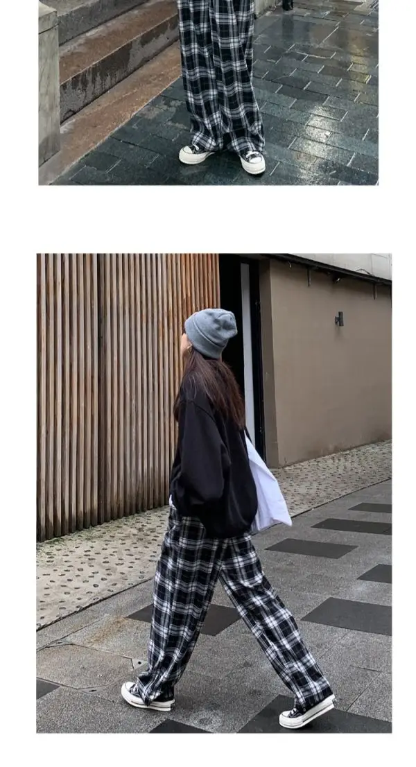Black and White Plaid pants Oversize New Women Casual Loose Wide Leg Trousers Ins Retro Teen Straight Trousers Hiphop Streetwear
