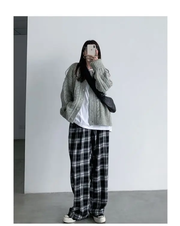 Black and White Plaid pants Oversize New Women Casual Loose Wide Leg Trousers Ins Retro Teen Straight Trousers Hiphop Streetwear