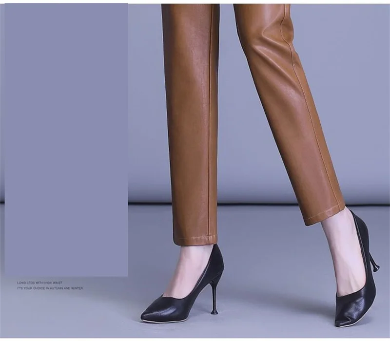 2023 Spring Autumn Sheepskin Pants Women High-waist Straight Pants Slim Lady Genuine Leather Casual Trousers Ankle-Length Pants