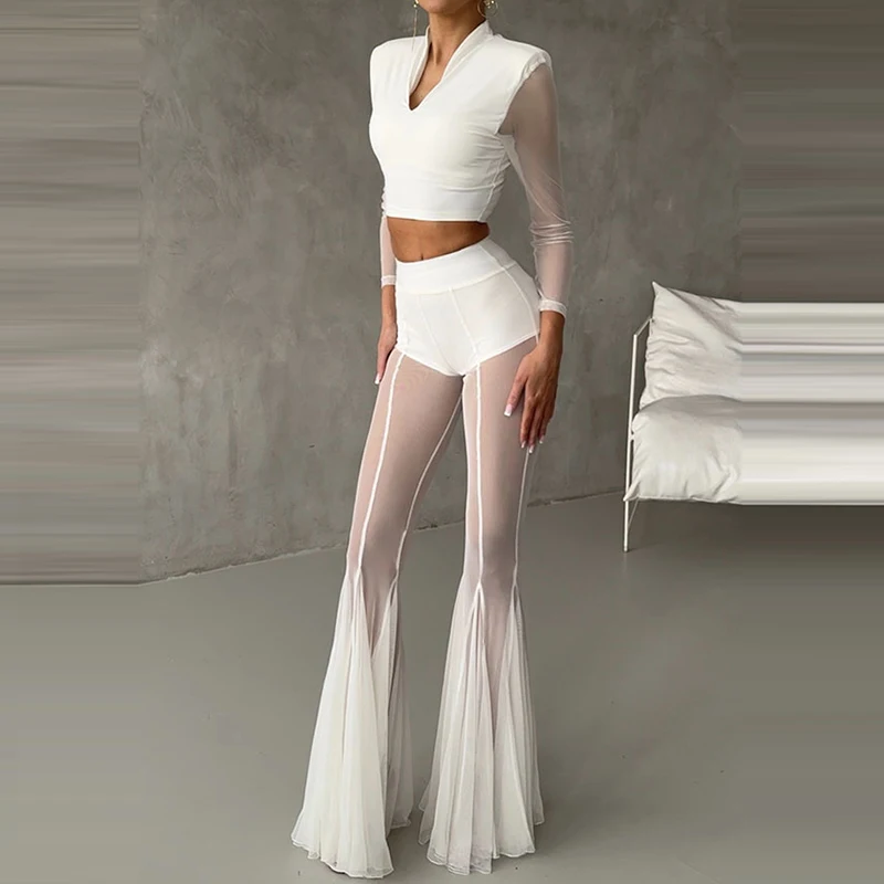 Elegant High Waist Slim Straight Trousers Sexy See Through Mesh Flare Pants for Women Summer Solid Commute Lady Long Pants Mujer