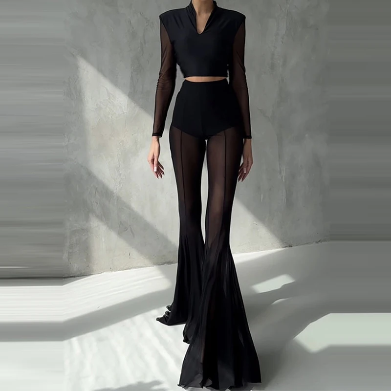 Elegant High Waist Slim Straight Trousers Sexy See Through Mesh Flare Pants for Women Summer Solid Commute Lady Long Pants Mujer
