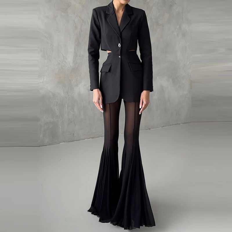 Elegant High Waist Slim Straight Trousers Sexy See Through Mesh Flare Pants for Women Summer Solid Commute Lady Long Pants Mujer