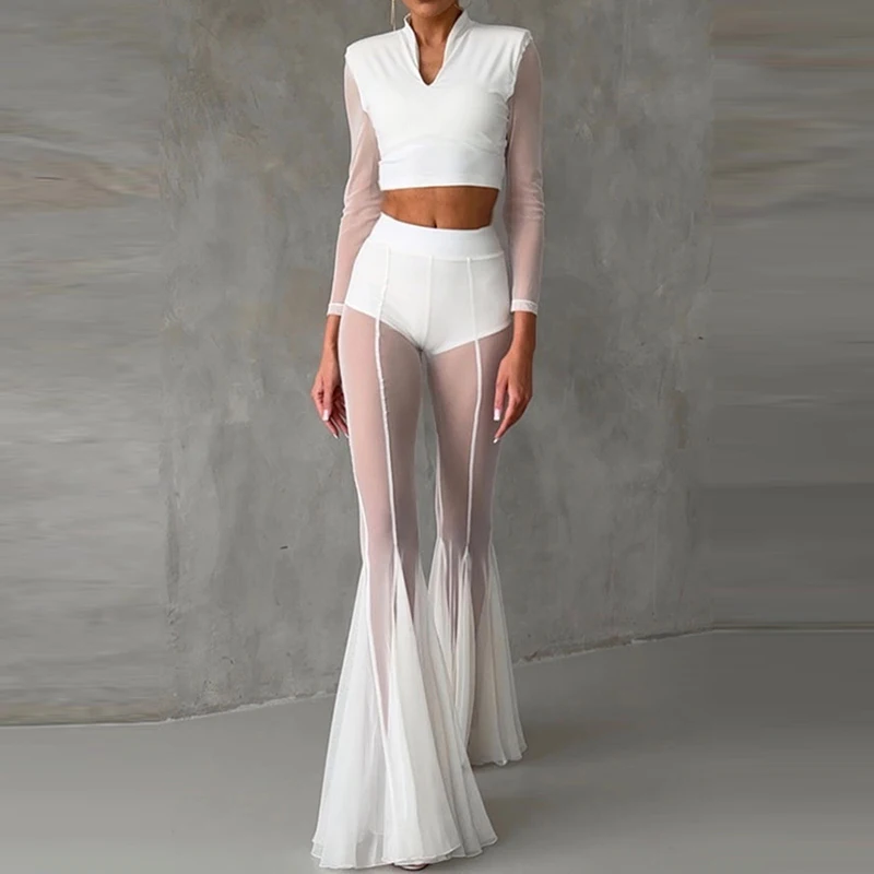 Elegant High Waist Slim Straight Trousers Sexy See Through Mesh Flare Pants for Women Summer Solid Commute Lady Long Pants Mujer