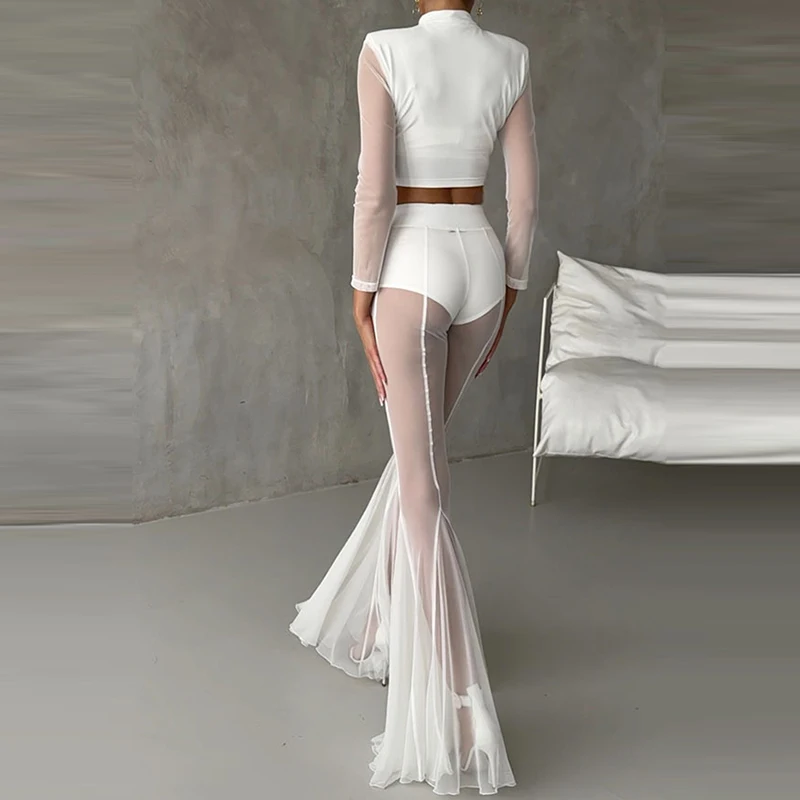 Elegant High Waist Slim Straight Trousers Sexy See Through Mesh Flare Pants for Women Summer Solid Commute Lady Long Pants Mujer