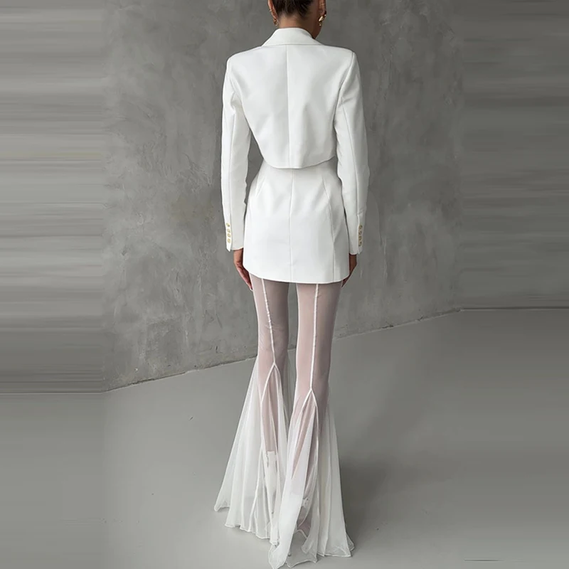 Elegant High Waist Slim Straight Trousers Sexy See Through Mesh Flare Pants for Women Summer Solid Commute Lady Long Pants Mujer