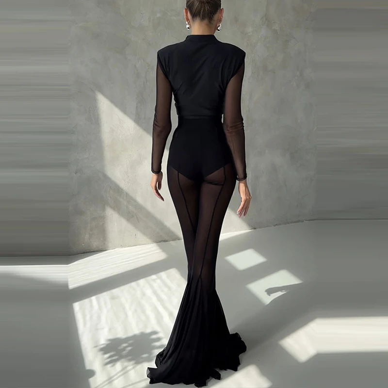Elegant High Waist Slim Straight Trousers Sexy See Through Mesh Flare Pants for Women Summer Solid Commute Lady Long Pants Mujer