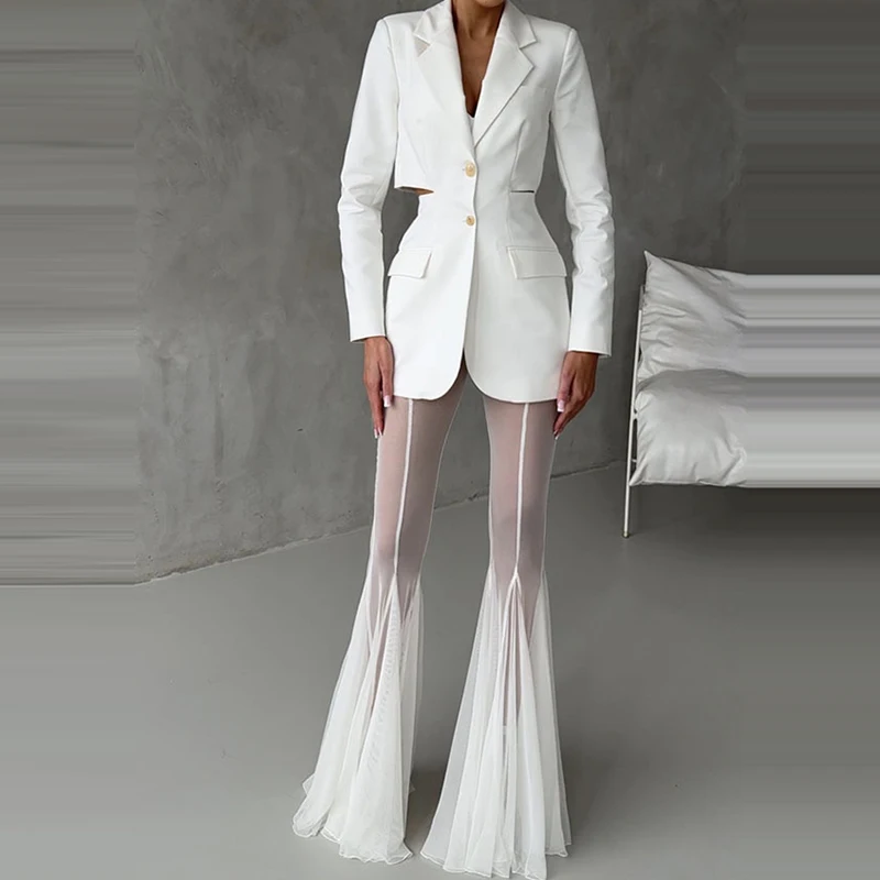 Elegant High Waist Slim Straight Trousers Sexy See Through Mesh Flare Pants for Women Summer Solid Commute Lady Long Pants Mujer
