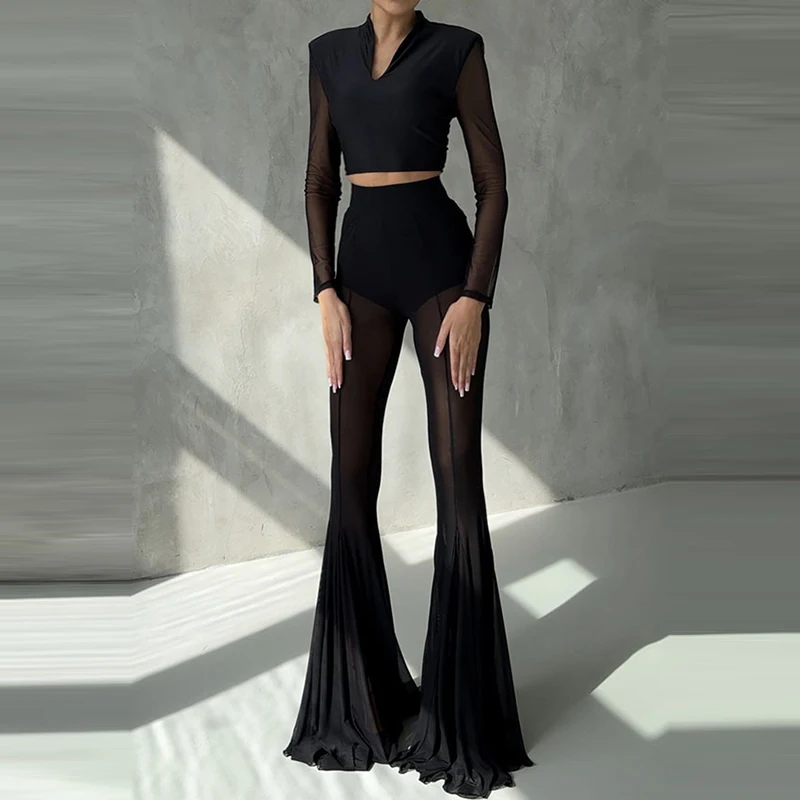 Elegant High Waist Slim Straight Trousers Sexy See Through Mesh Flare Pants for Women Summer Solid Commute Lady Long Pants Mujer