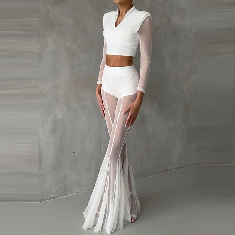 Elegant High Waist Slim Straight Trousers Sexy See Through Mesh Flare Pants for Women Summer Solid Commute Lady Long Pants Mujer