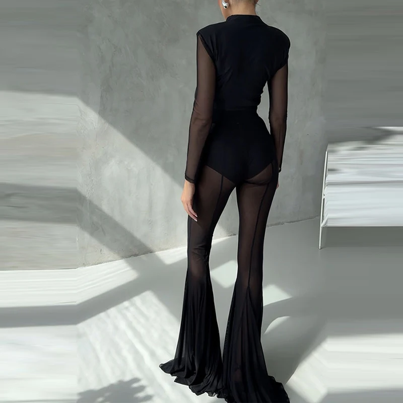 Elegant High Waist Slim Straight Trousers Sexy See Through Mesh Flare Pants for Women Summer Solid Commute Lady Long Pants Mujer