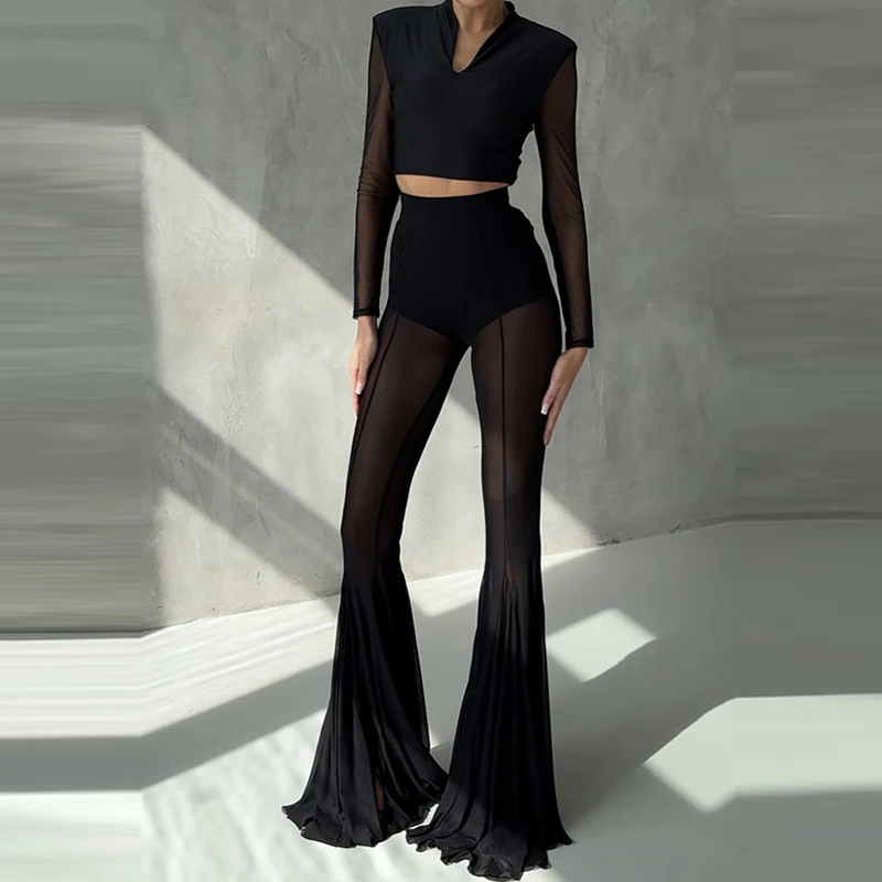 Elegant High Waist Slim Straight Trousers Sexy See Through Mesh Flare Pants for Women Summer Solid Commute Lady Long Pants Mujer