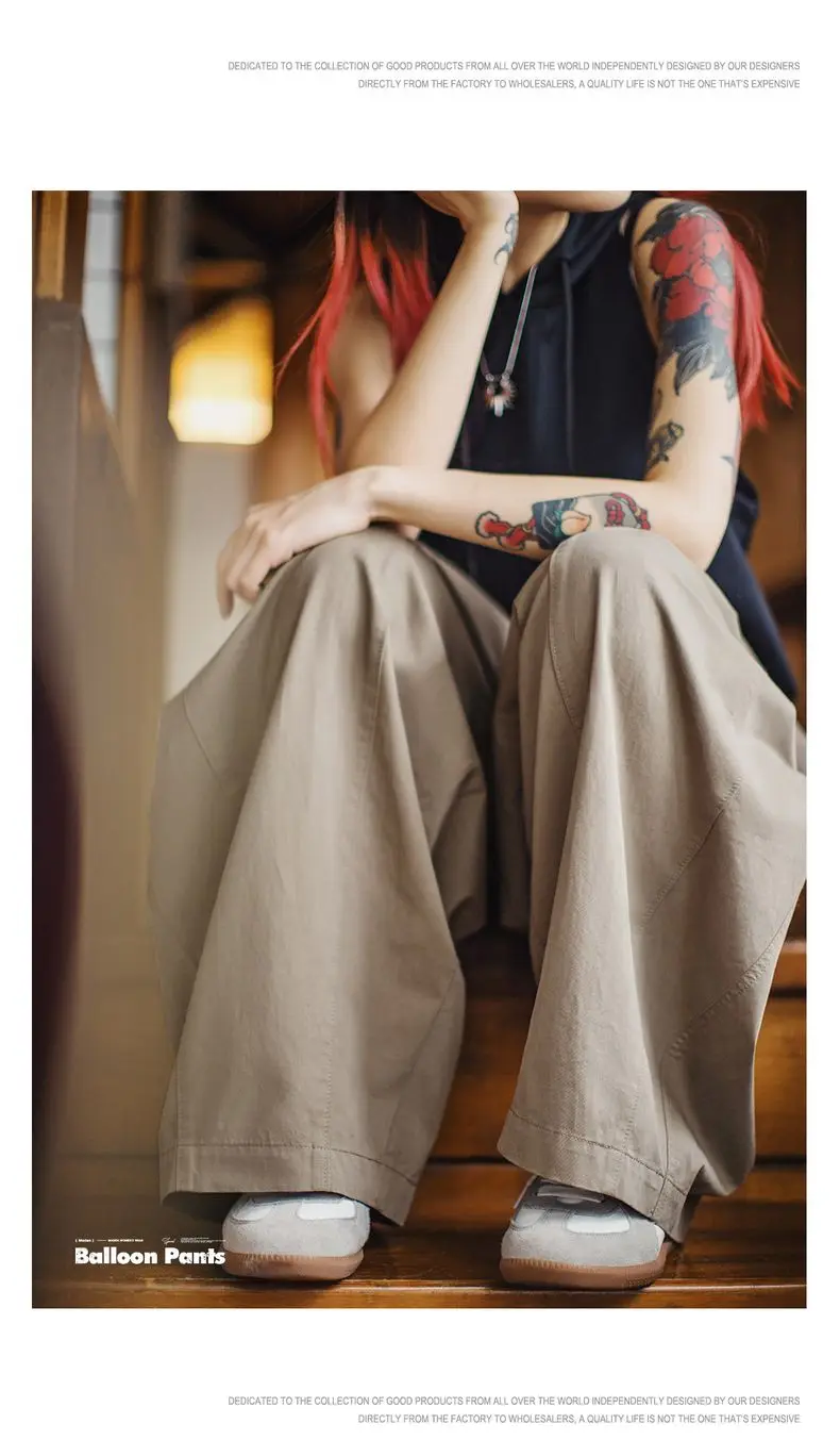Maden New Casual Khaki Wide Leg Trousers Women's Spring Summer Elastic Waist Pocket Cargo Pants Street Fashion Slimming Bottom