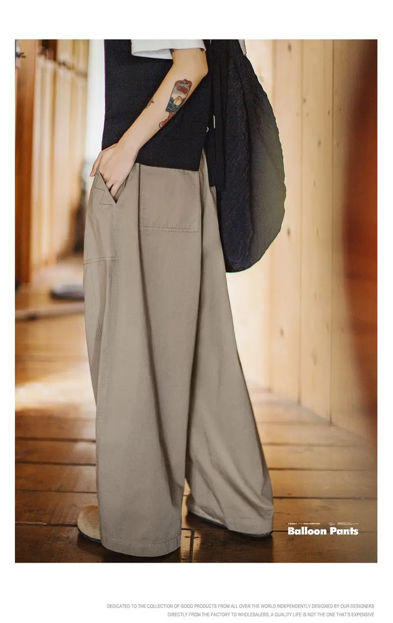 Maden New Casual Khaki Wide Leg Trousers Women's Spring Summer Elastic Waist Pocket Cargo Pants Street Fashion Slimming Bottom
