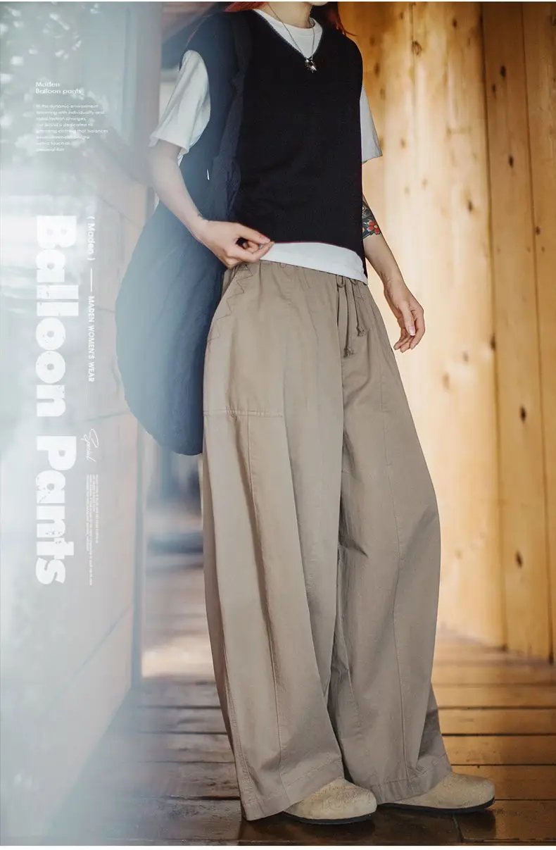 Maden New Casual Khaki Wide Leg Trousers Women's Spring Summer Elastic Waist Pocket Cargo Pants Street Fashion Slimming Bottom