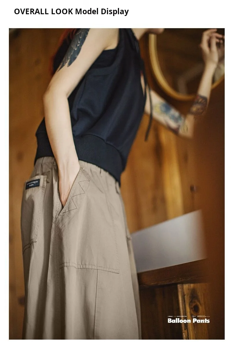 Maden New Casual Khaki Wide Leg Trousers Women's Spring Summer Elastic Waist Pocket Cargo Pants Street Fashion Slimming Bottom