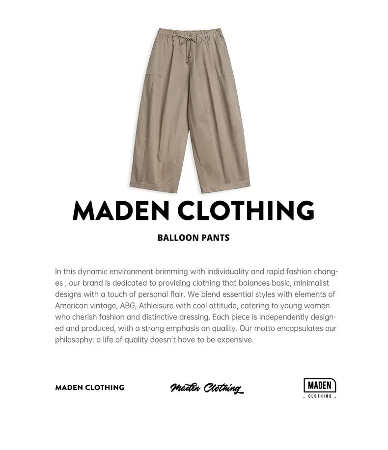 Maden New Casual Khaki Wide Leg Trousers Women's Spring Summer Elastic Waist Pocket Cargo Pants Street Fashion Slimming Bottom