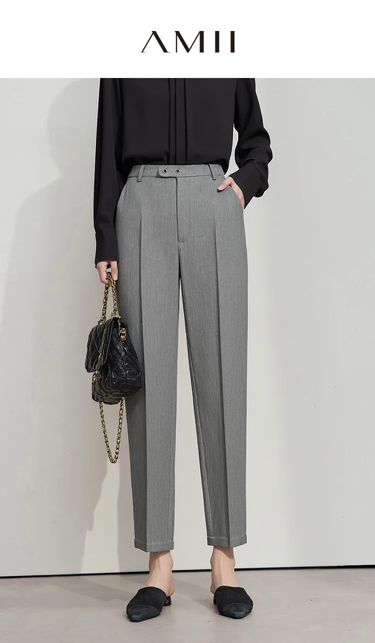 AMII Woman Pants 2026 Autumn Autumn Woman Loose Casual Fashion Simple Nine Point Trousers Black Blended Pleated Pants 12611025