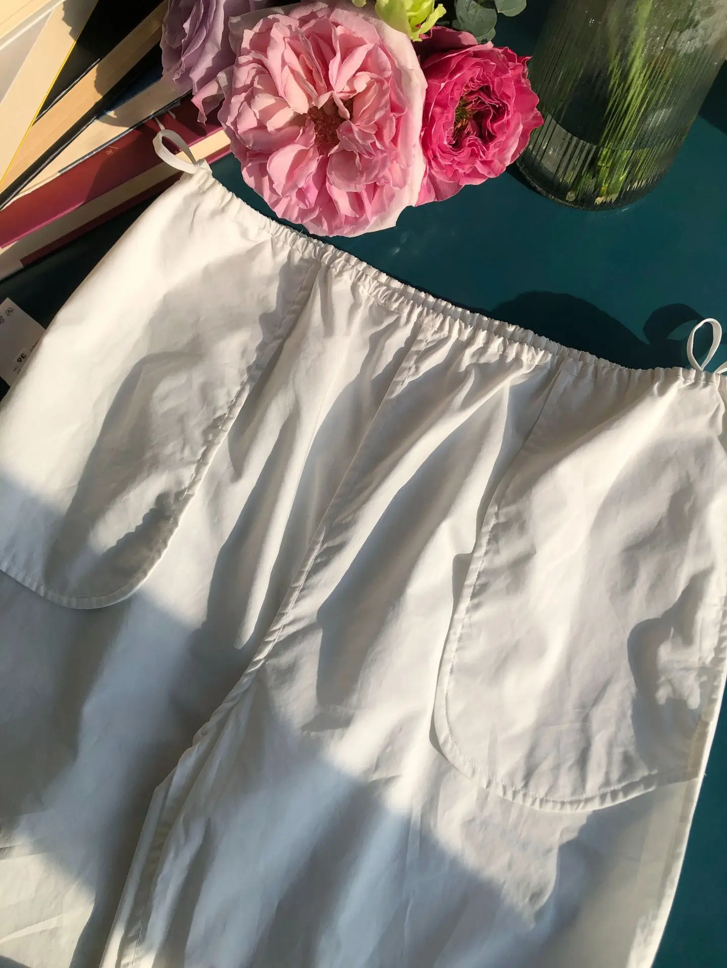 Embroidery Hollow out Women White Pants 100% Cotton Drawstring Elastic Waist Female Straight Long Trousers