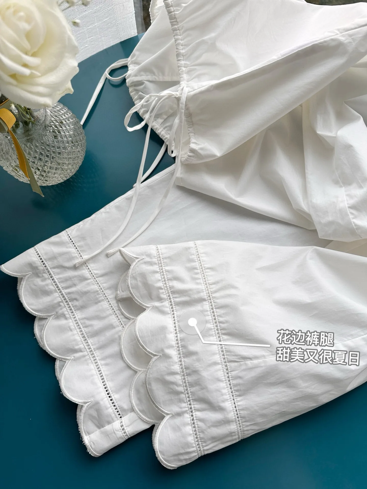 Embroidery Hollow out Women White Pants 100% Cotton Drawstring Elastic Waist Female Straight Long Trousers