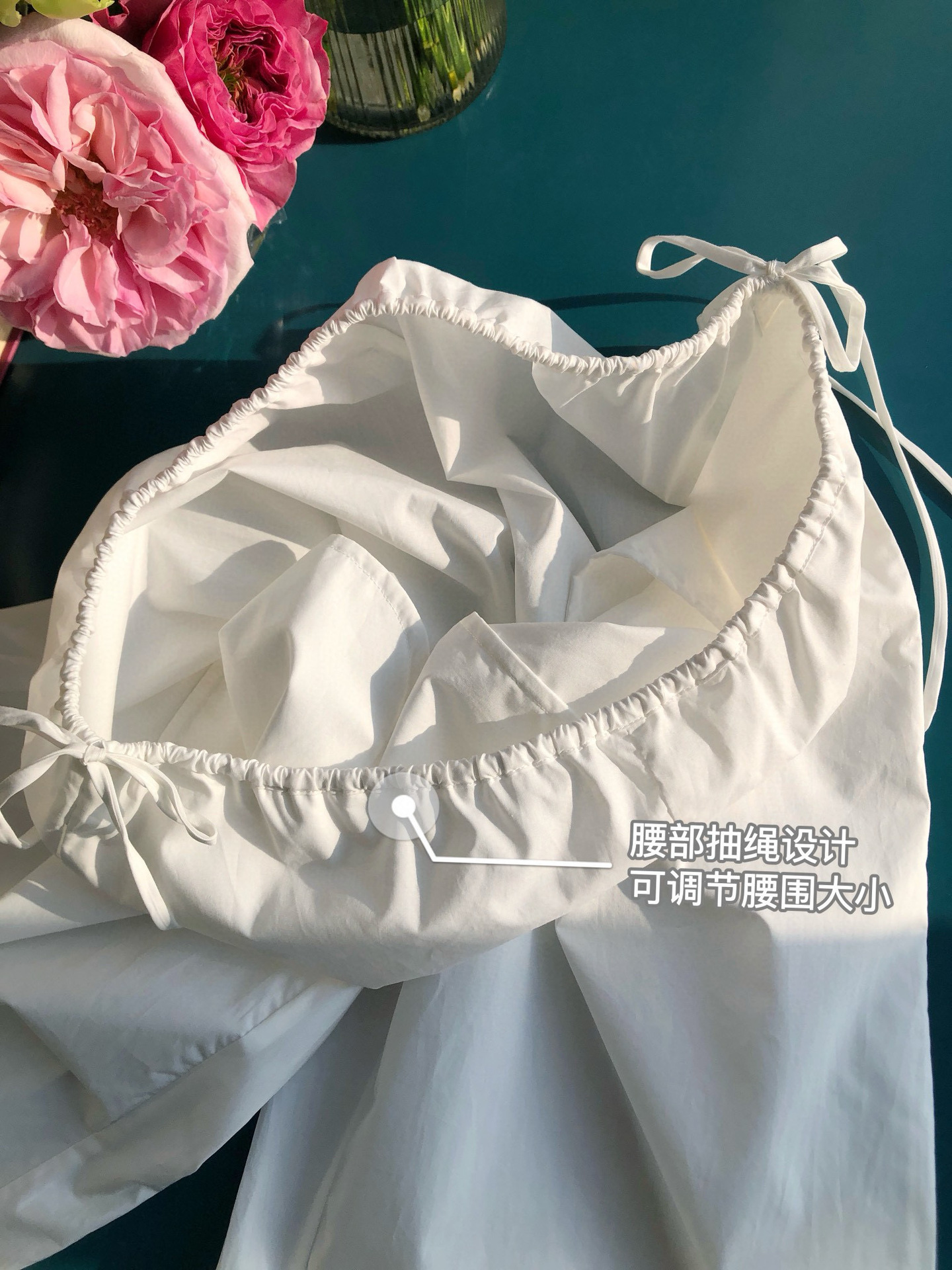 Embroidery Hollow out Women White Pants 100% Cotton Drawstring Elastic Waist Female Straight Long Trousers