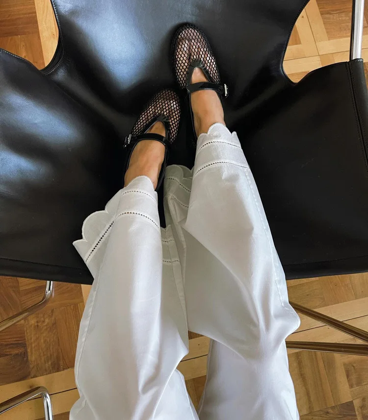 Embroidery Hollow out Women White Pants 100% Cotton Drawstring Elastic Waist Female Straight Long Trousers