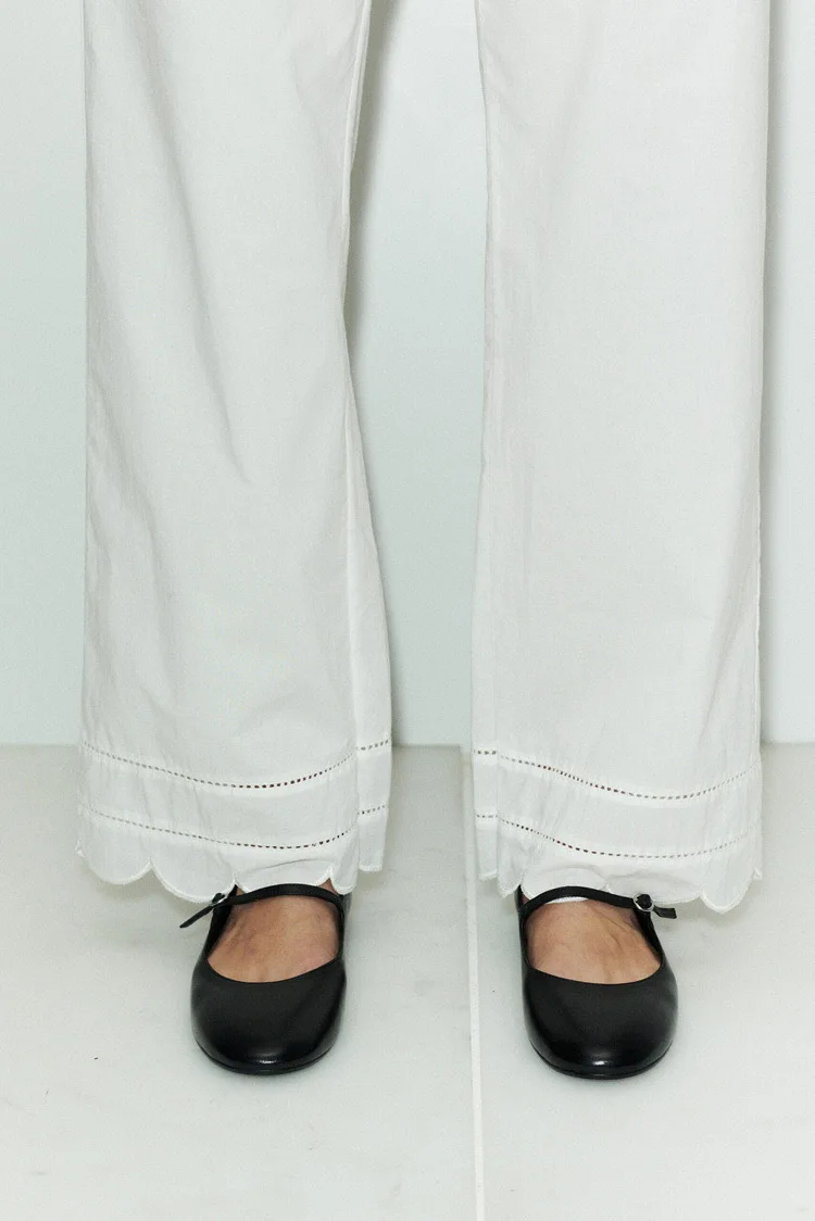 Embroidery Hollow out Women White Pants 100% Cotton Drawstring Elastic Waist Female Straight Long Trousers