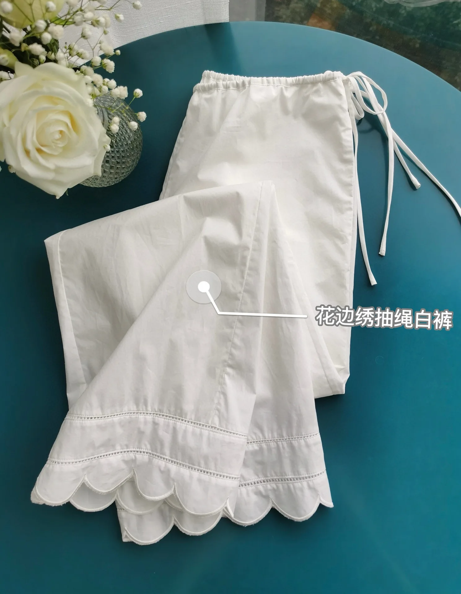 Embroidery Hollow out Women White Pants 100% Cotton Drawstring Elastic Waist Female Straight Long Trousers