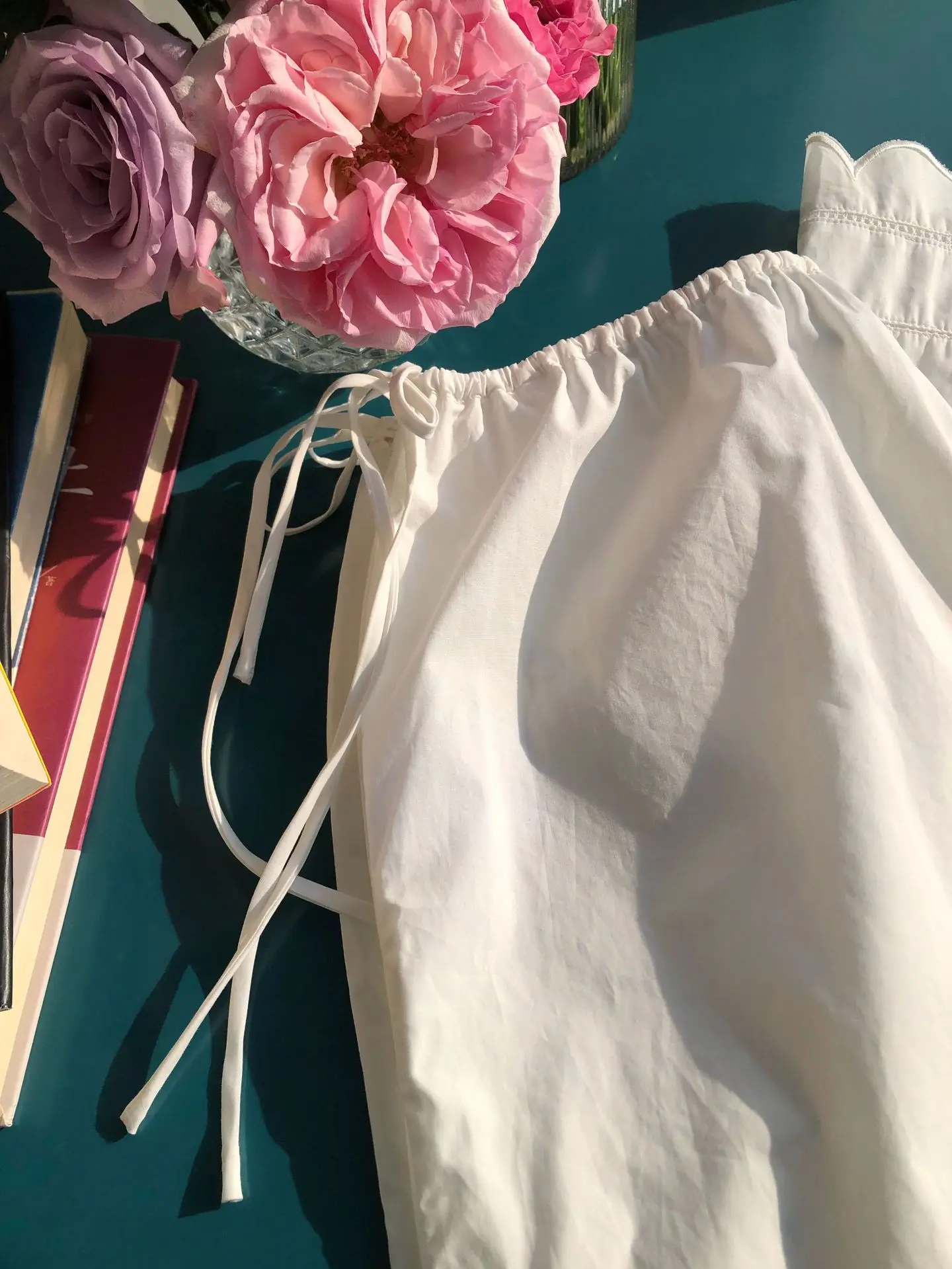 Embroidery Hollow out Women White Pants 100% Cotton Drawstring Elastic Waist Female Straight Long Trousers