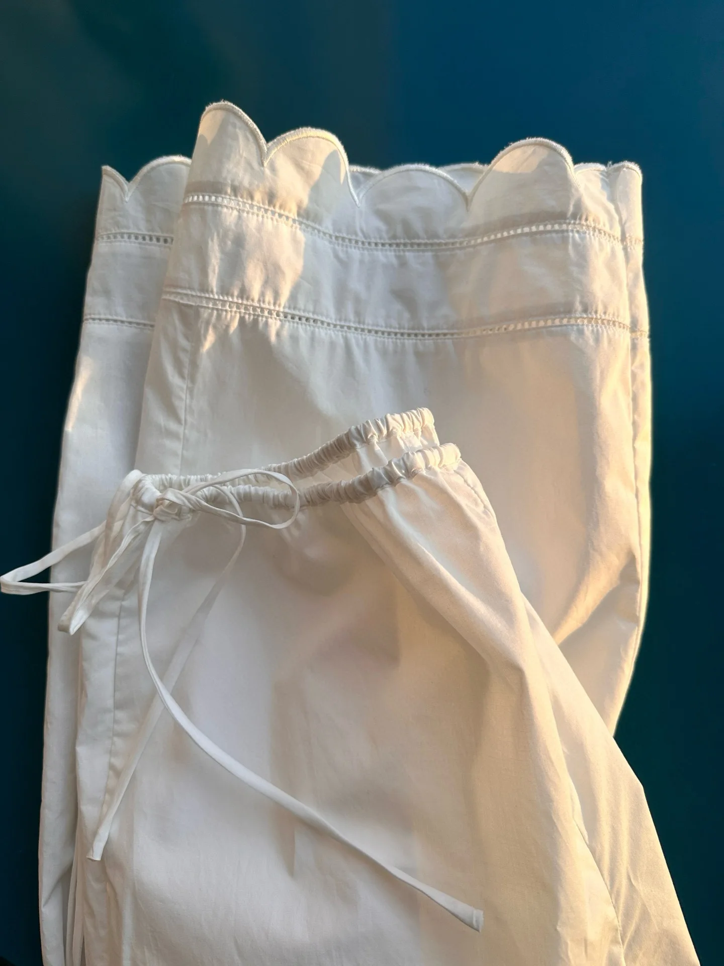 Embroidery Hollow out Women White Pants 100% Cotton Drawstring Elastic Waist Female Straight Long Trousers