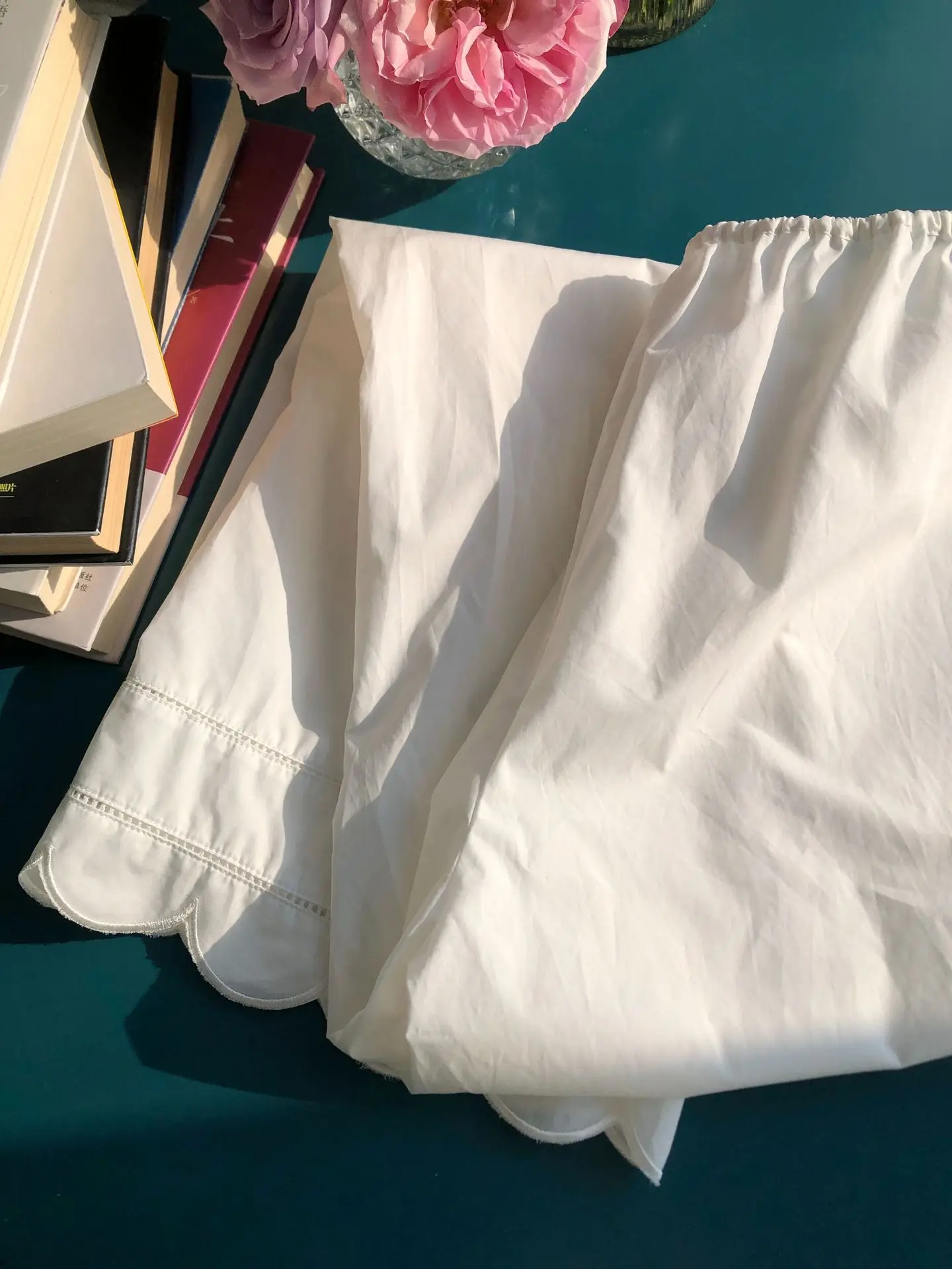 Embroidery Hollow out Women White Pants 100% Cotton Drawstring Elastic Waist Female Straight Long Trousers