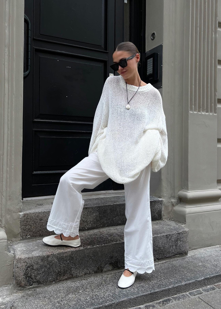 Embroidery Hollow out Women White Pants 100% Cotton Drawstring Elastic Waist Female Straight Long Trousers