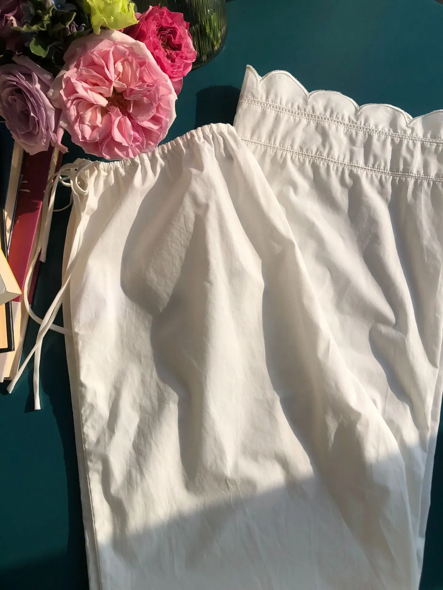 Embroidery Hollow out Women White Pants 100% Cotton Drawstring Elastic Waist Female Straight Long Trousers