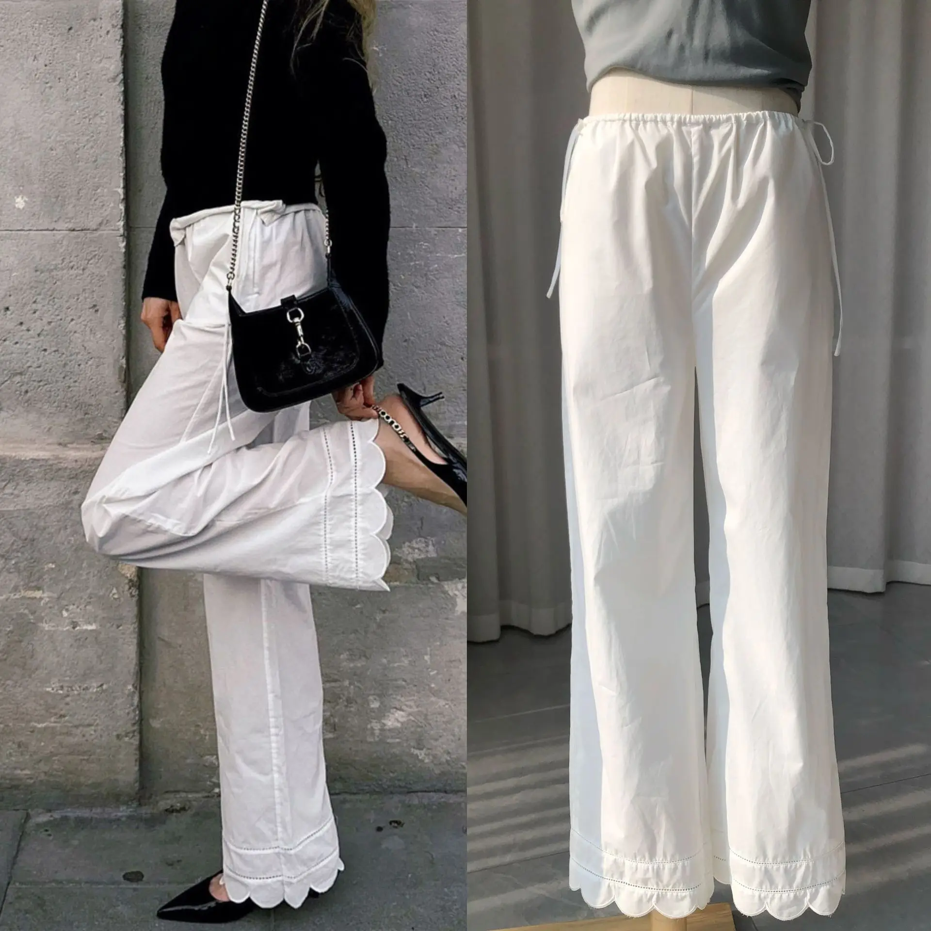 Embroidery Hollow out Women White Pants 100% Cotton Drawstring Elastic Waist Female Straight Long Trousers