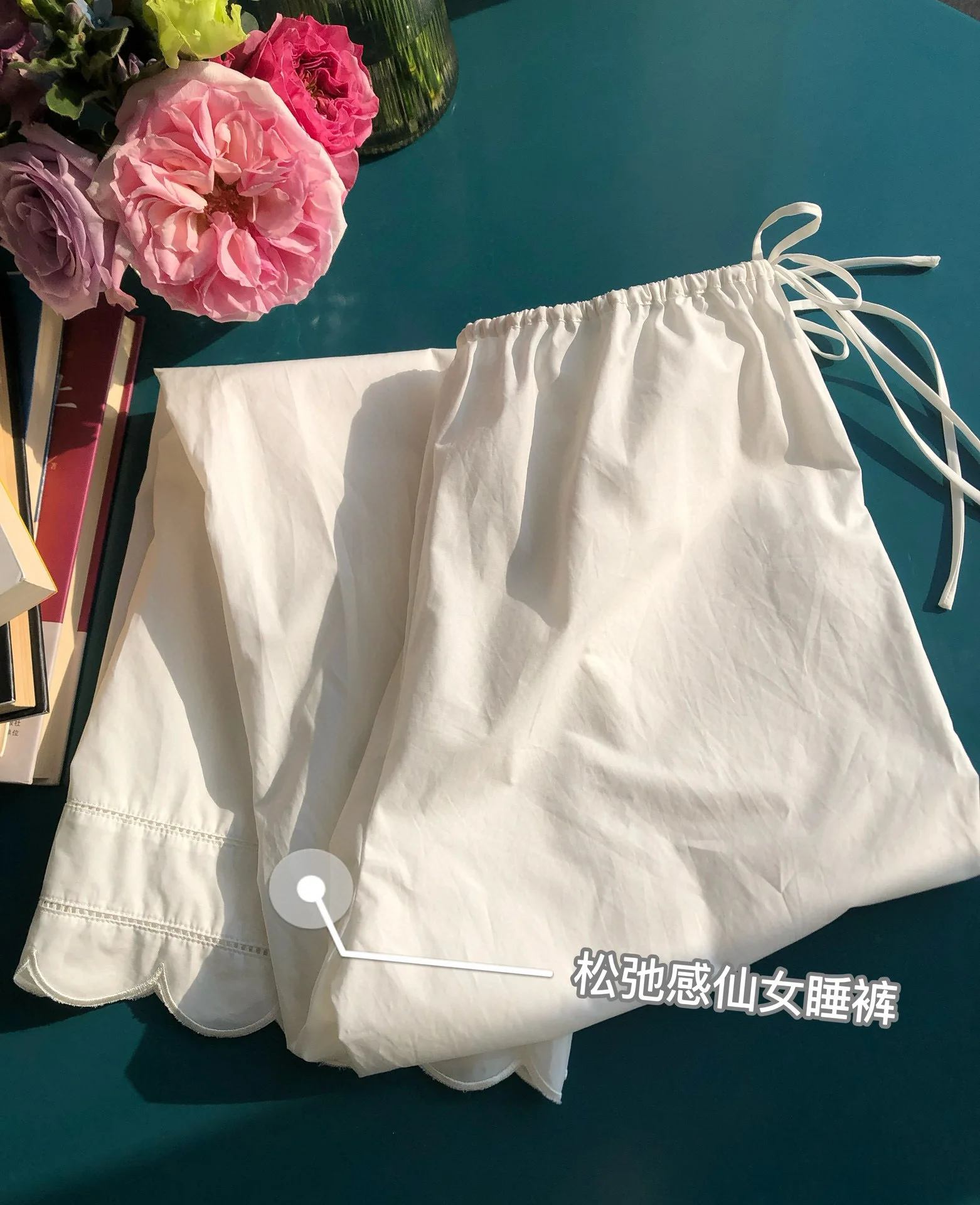 Embroidery Hollow out Women White Pants 100% Cotton Drawstring Elastic Waist Female Straight Long Trousers