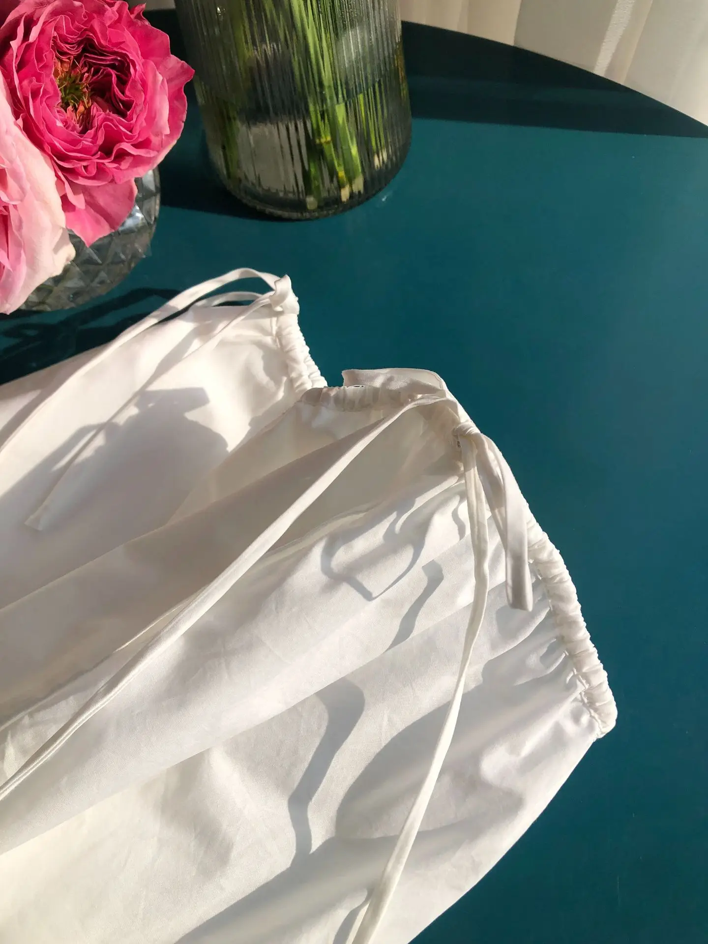 Embroidery Hollow out Women White Pants 100% Cotton Drawstring Elastic Waist Female Straight Long Trousers