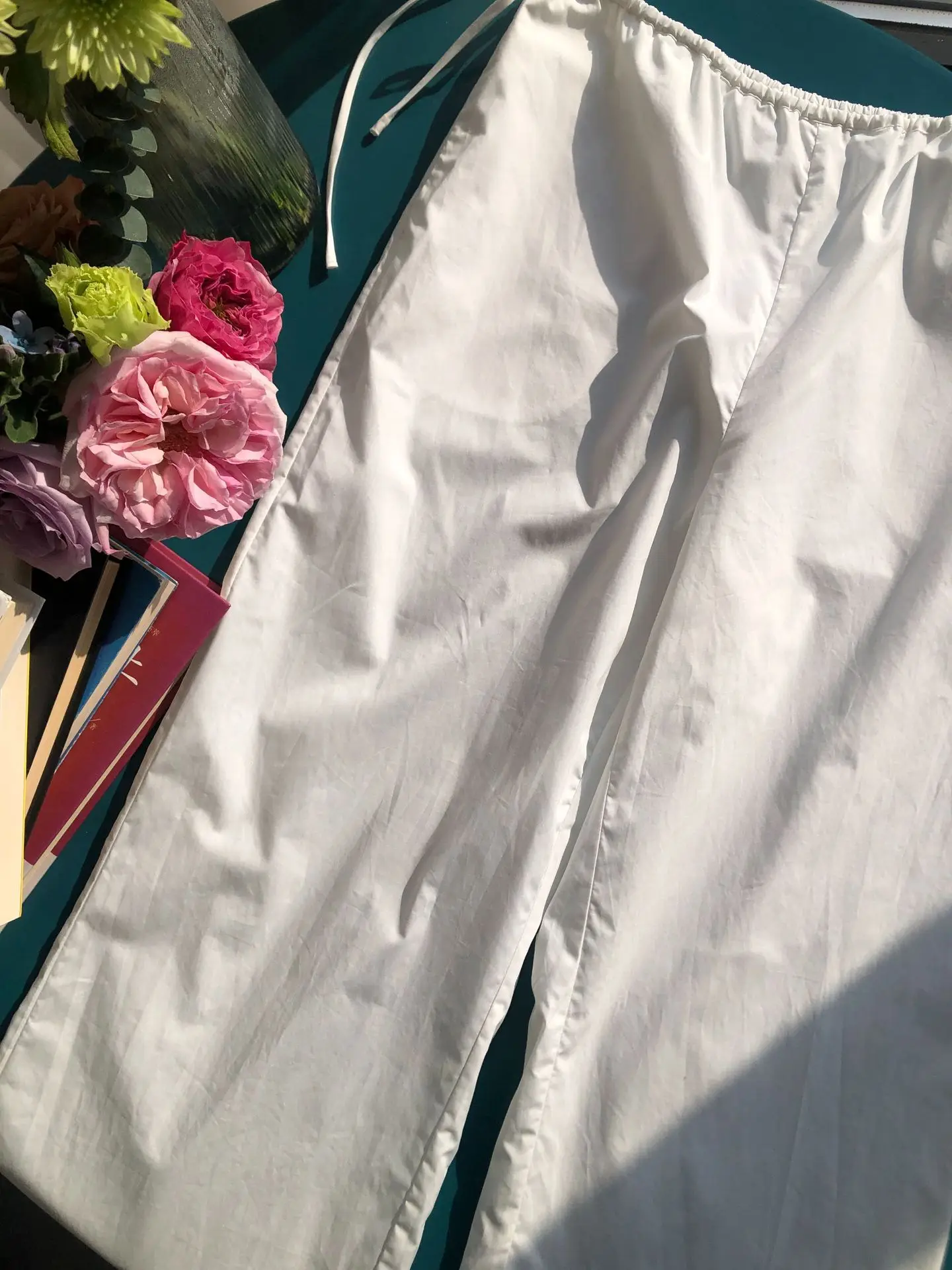 Embroidery Hollow out Women White Pants 100% Cotton Drawstring Elastic Waist Female Straight Long Trousers