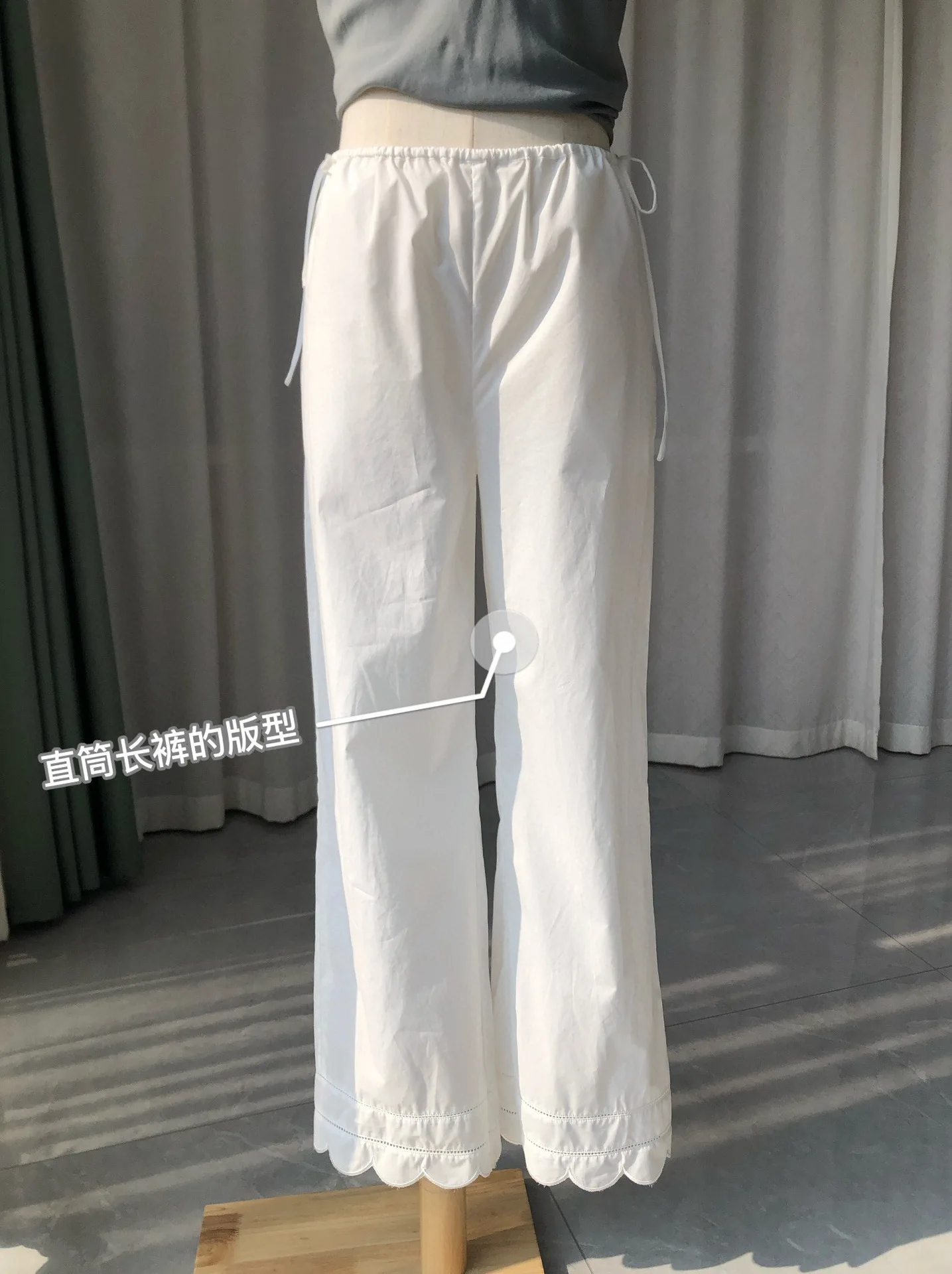 Embroidery Hollow out Women White Pants 100% Cotton Drawstring Elastic Waist Female Straight Long Trousers