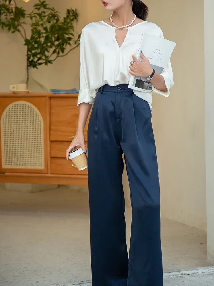 Spring Summer Women's High Waist Wide Leg Trousers Loose Fit Classic Black Silk Satin Casual Korean Style Pants Female Clothing