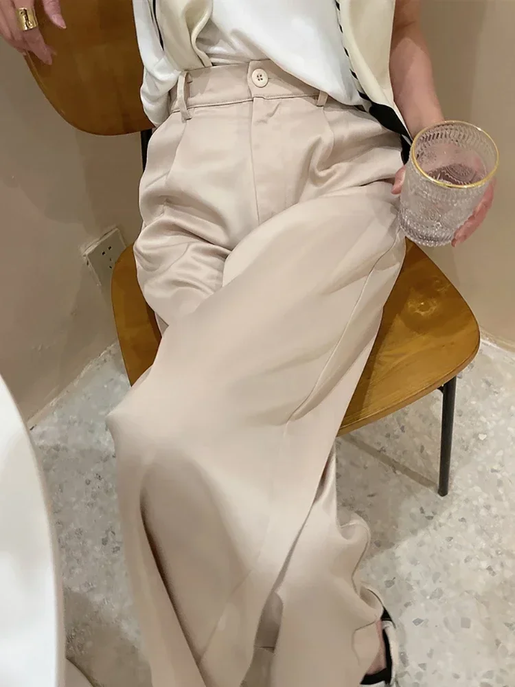 Spring Summer Women's High Waist Wide Leg Trousers Loose Fit Classic Black Silk Satin Casual Korean Style Pants Female Clothing