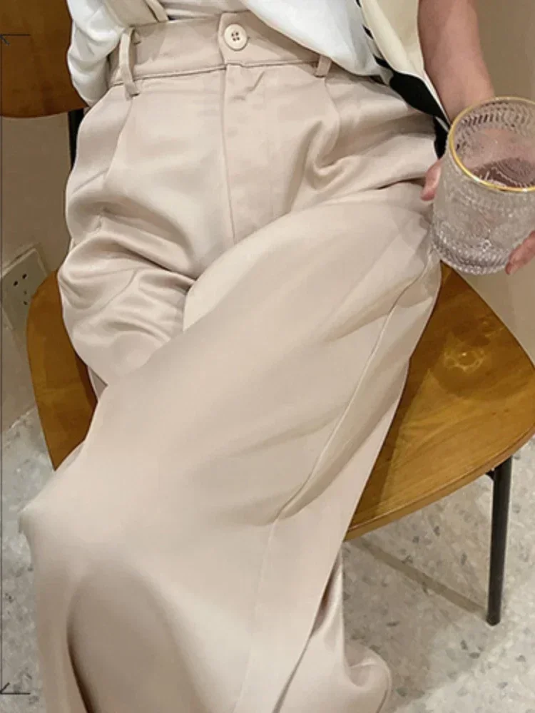Spring Summer Women's High Waist Wide Leg Trousers Loose Fit Classic Black Silk Satin Casual Korean Style Pants Female Clothing
