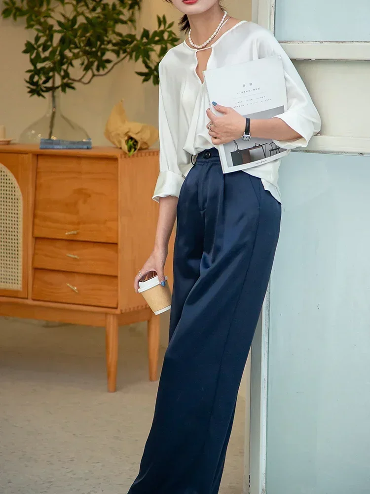 Spring Summer Women's High Waist Wide Leg Trousers Loose Fit Classic Black Silk Satin Casual Korean Style Pants Female Clothing