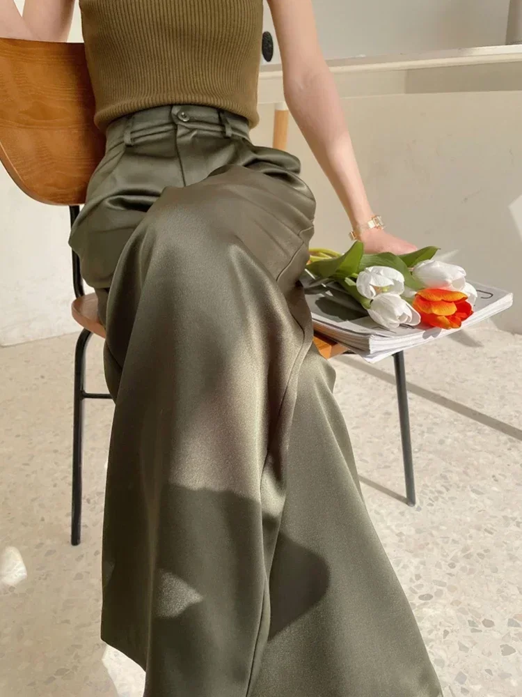 Spring Summer Women's High Waist Wide Leg Trousers Loose Fit Classic Black Silk Satin Casual Korean Style Pants Female Clothing